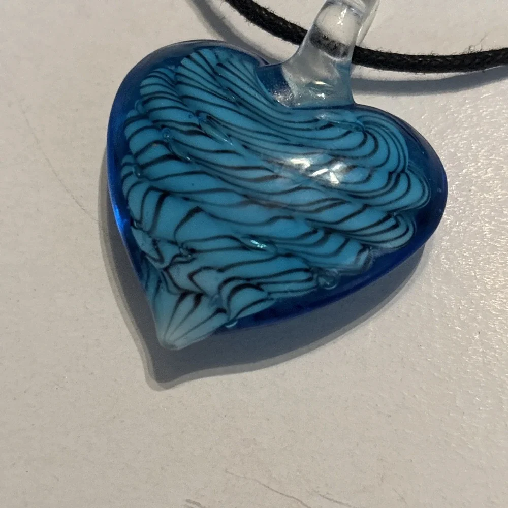 Blue Swirl Glass Heart Pendant Necklace on Leather Cord  & Earrings Murano Style
